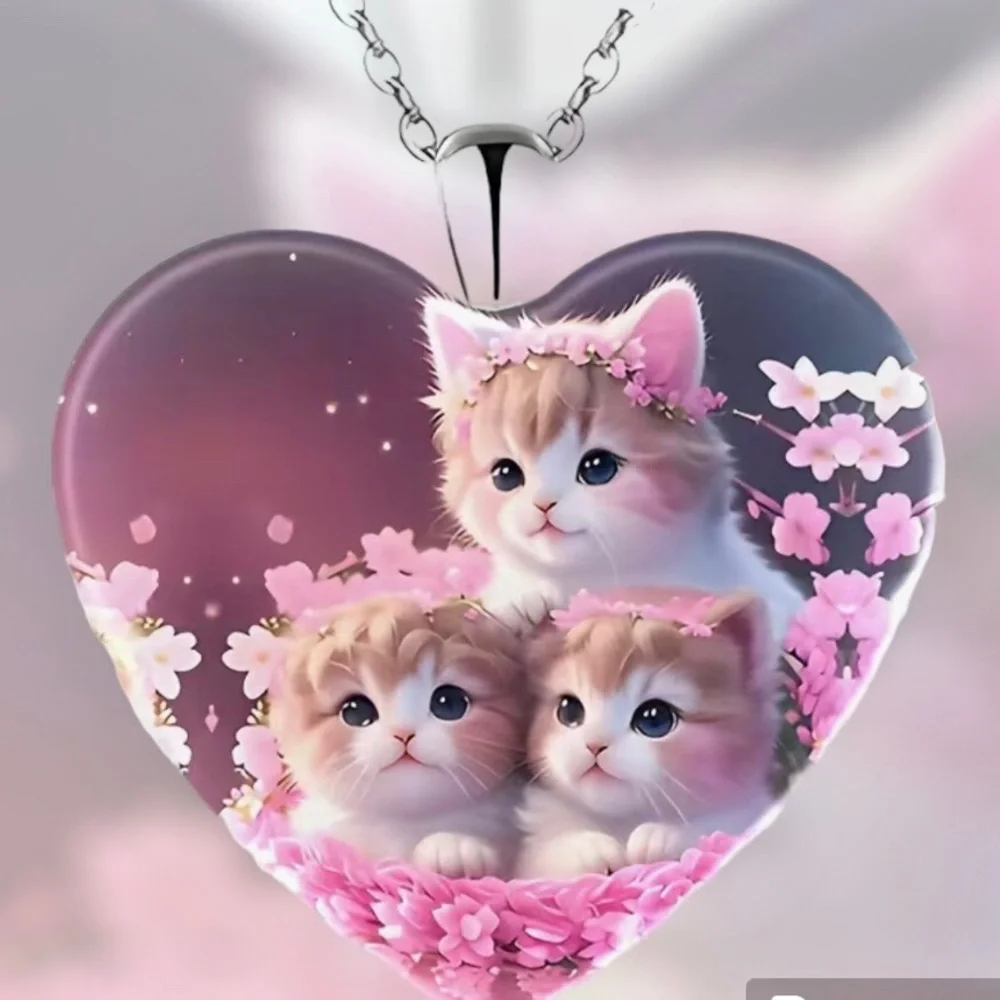 50% OFF Three Little Kittens Romping in Flowers Heart Shaped Pendant Necklace